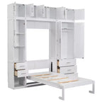 Lit escamotable Murphy avec casiers et armoires de rangement, étagères, cadre de lit plateforme mural pliant en bois, blanc