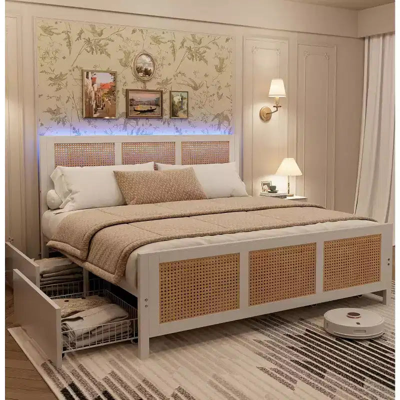 COZONY King Size Bed Frame with Headboard, Bohemian Rattan Platform Bed with Storage Drawers and LED Lighting, Complete Support System