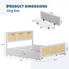Lit King Size COZONY avec Tête de Lit, Lit Plateforme Bohème en Rotin avec Tiroirs de Rangement et Éclairage LED, Système de Support Complet