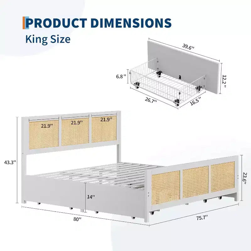 Lit King Size COZONY avec Tête de Lit, Lit Plateforme Bohème en Rotin avec Tiroirs de Rangement et Éclairage LED, Système de Support Complet