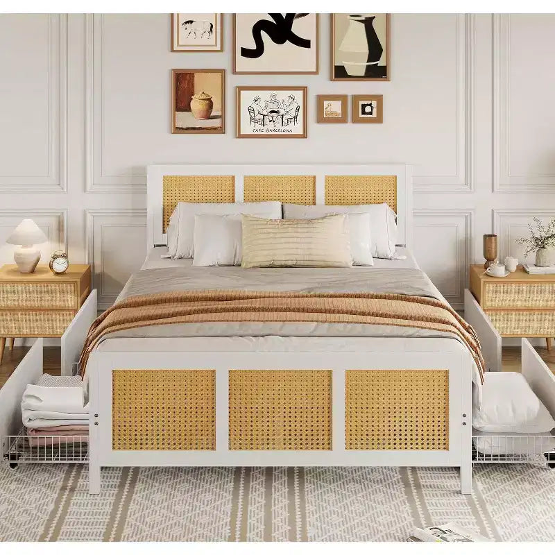 Lit King Size COZONY avec Tête de Lit, Lit Plateforme Bohème en Rotin avec Tiroirs de Rangement et Éclairage LED, Système de Support Complet