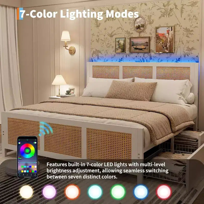 Lit King Size COZONY avec Tête de Lit, Lit Plateforme Bohème en Rotin avec Tiroirs de Rangement et Éclairage LED, Système de Support Complet