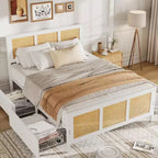 Lit King Size COZONY avec Tête de Lit, Lit Plateforme Bohème en Rotin avec Tiroirs de Rangement et Éclairage LED, Système de Support Complet