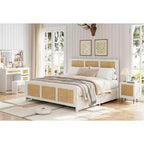 Lit King Size COZONY avec Tête de Lit, Lit Plateforme Bohème en Rotin avec Tiroirs de Rangement et Éclairage LED, Système de Support Complet