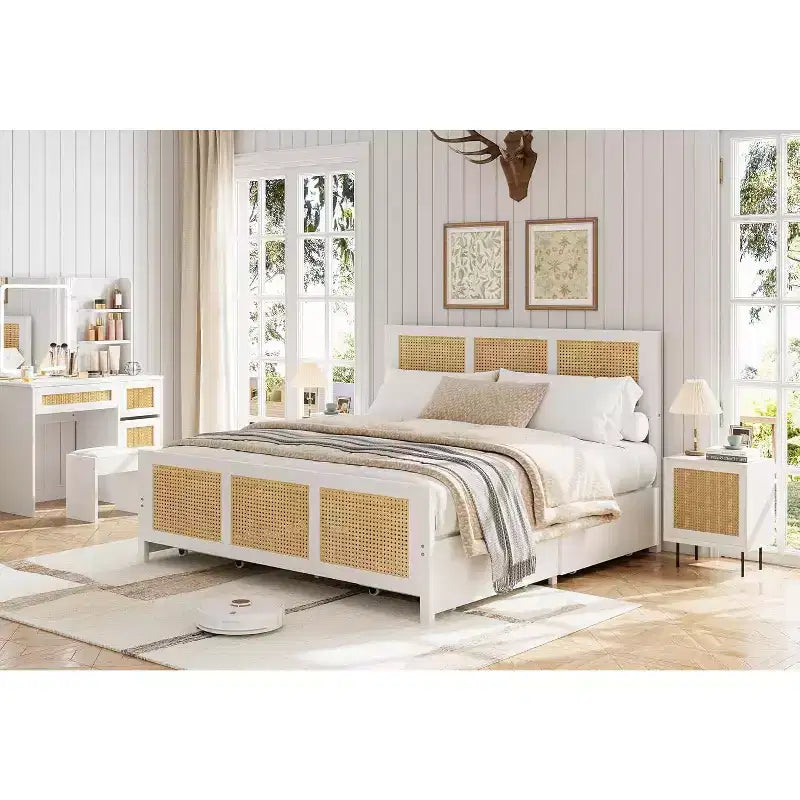 Lit King Size COZONY avec Tête de Lit, Lit Plateforme Bohème en Rotin avec Tiroirs de Rangement et Éclairage LED, Système de Support Complet