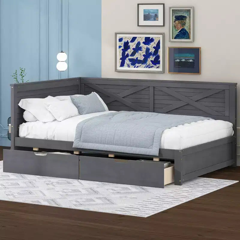 Cadre de lit de repos double avec tiroirs de rangement, lit de repos d'angle en forme de L de style ferme pour chambre à coucher, gris