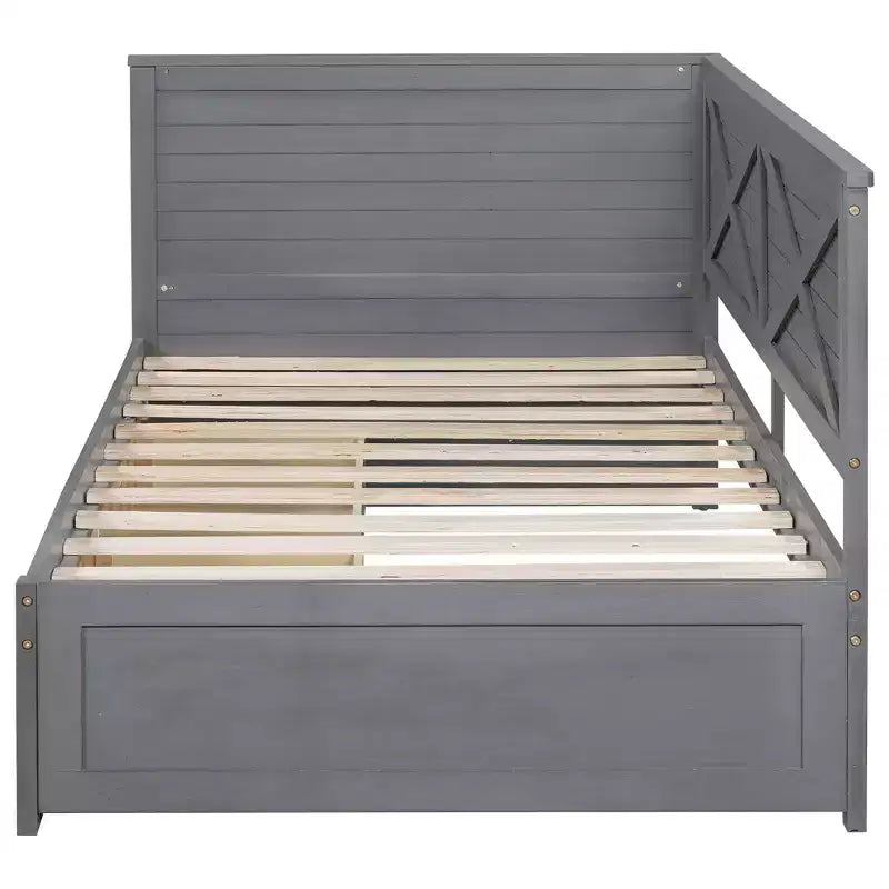 Cadre de lit de repos double avec tiroirs de rangement, lit de repos d'angle en forme de L de style ferme pour chambre à coucher, gris