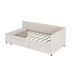 Lit plateforme Whisen une place en L avec rangement enveloppant et tiroirs, construction robuste et durable.