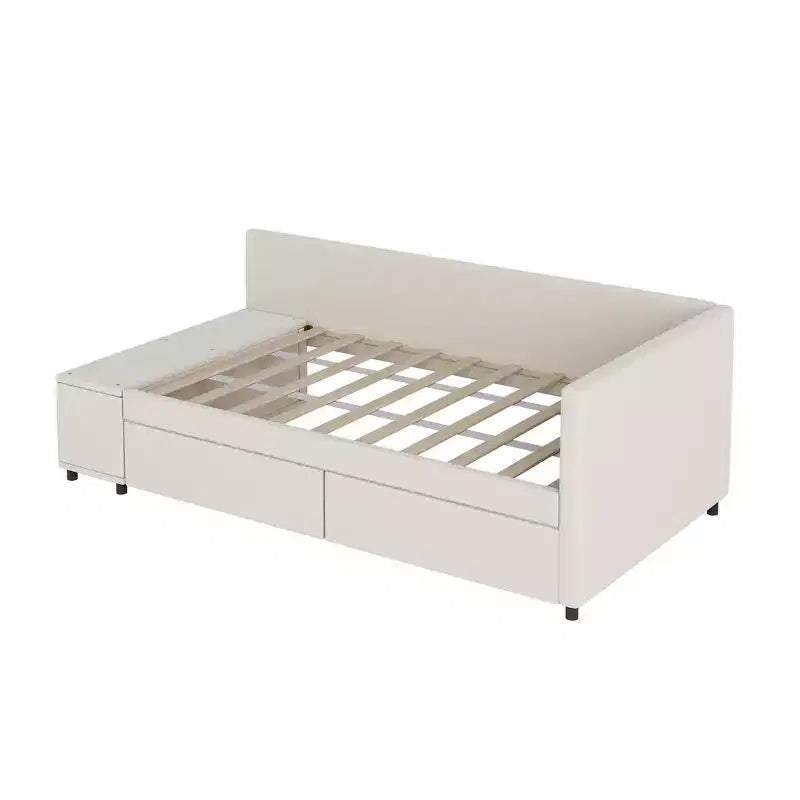 Lit plateforme Whisen une place en L avec rangement enveloppant et tiroirs, construction robuste et durable.