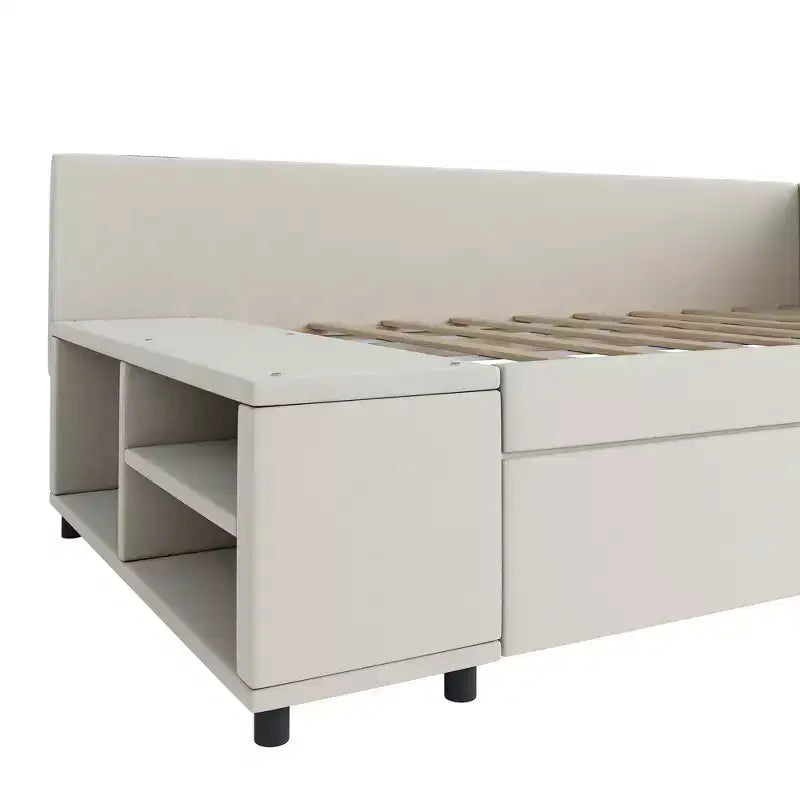 Lit plateforme Whisen une place en L avec rangement enveloppant et tiroirs, construction robuste et durable.