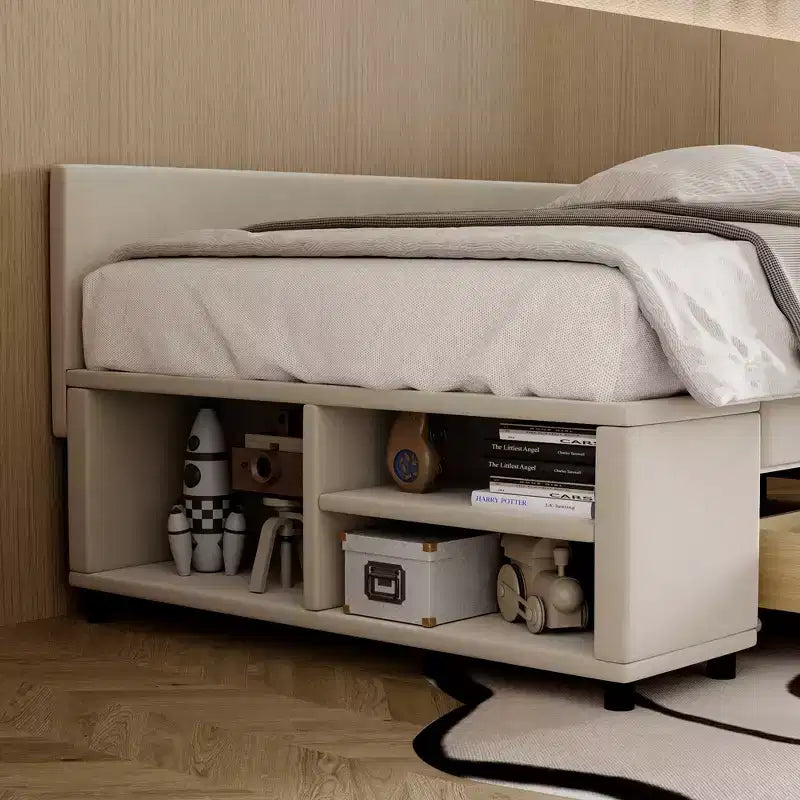 Lit plateforme Whisen une place en L avec rangement enveloppant et tiroirs, construction robuste et durable.