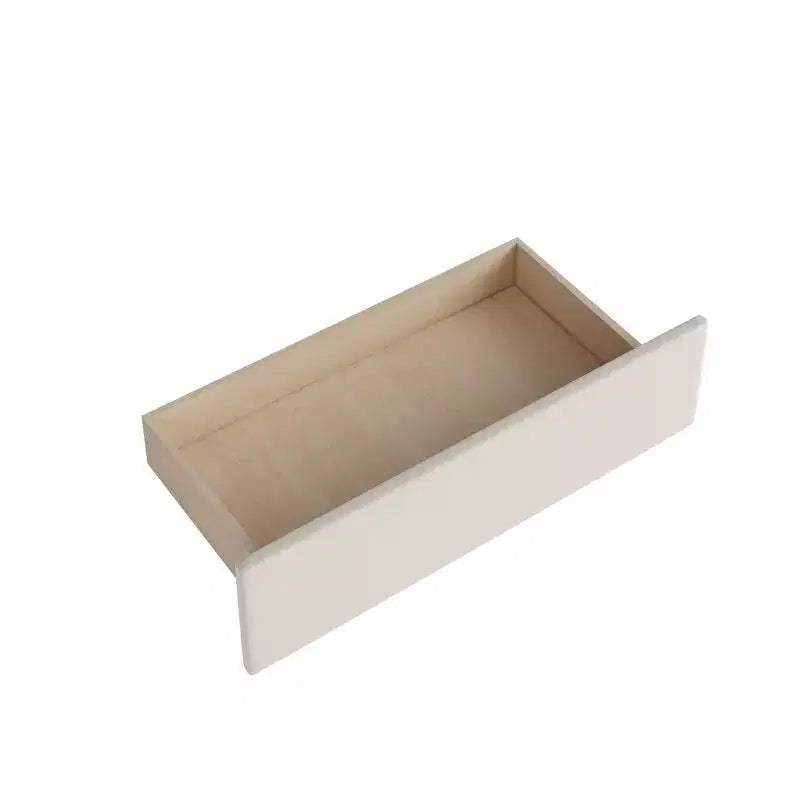 Lit plateforme Whisen une place en L avec rangement enveloppant et tiroirs, construction robuste et durable.