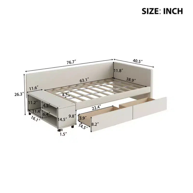 Lit plateforme Whisen une place en L avec rangement enveloppant et tiroirs, construction robuste et durable.