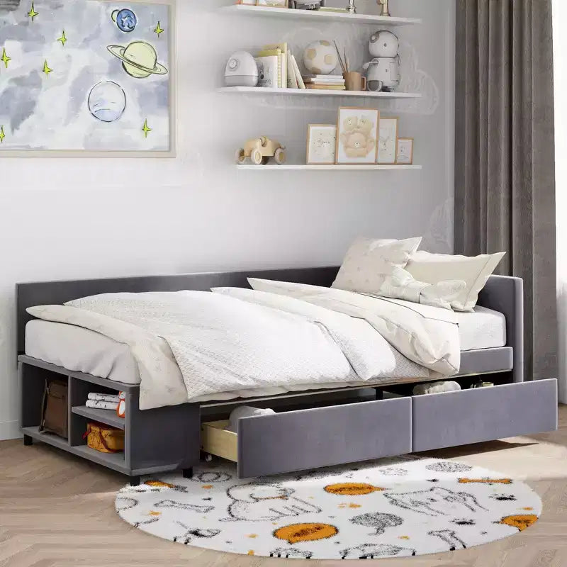 Lit plateforme Whisen une place en L avec rangement enveloppant et tiroirs, construction robuste et durable.