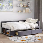 Lit plateforme Whisen une place en L avec rangement enveloppant et tiroirs, construction robuste et durable.