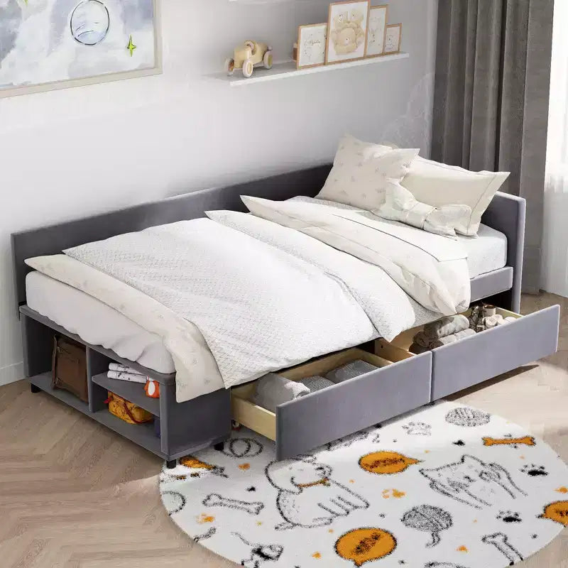 Lit plateforme Whisen une place en L avec rangement enveloppant et tiroirs, construction robuste et durable.