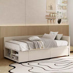 Lit plateforme Whisen une place en L avec rangement enveloppant et tiroirs, construction robuste et durable.