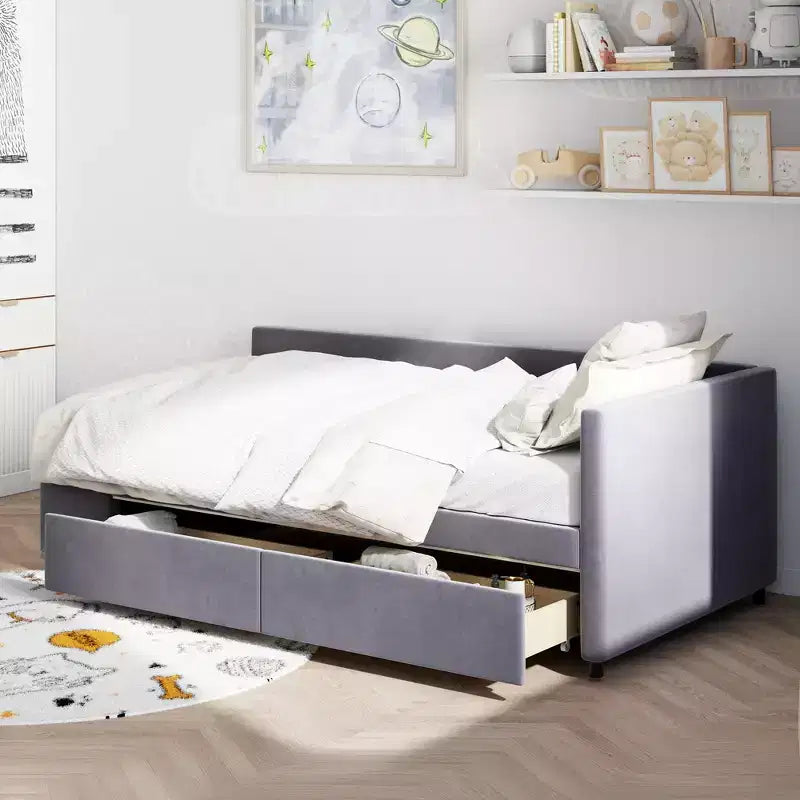 Lit plateforme Whisen une place en L avec rangement enveloppant et tiroirs, construction robuste et durable.