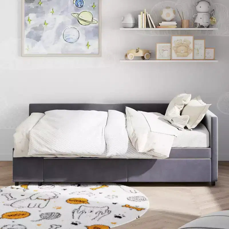 Lit plateforme Whisen une place en L avec rangement enveloppant et tiroirs, construction robuste et durable.