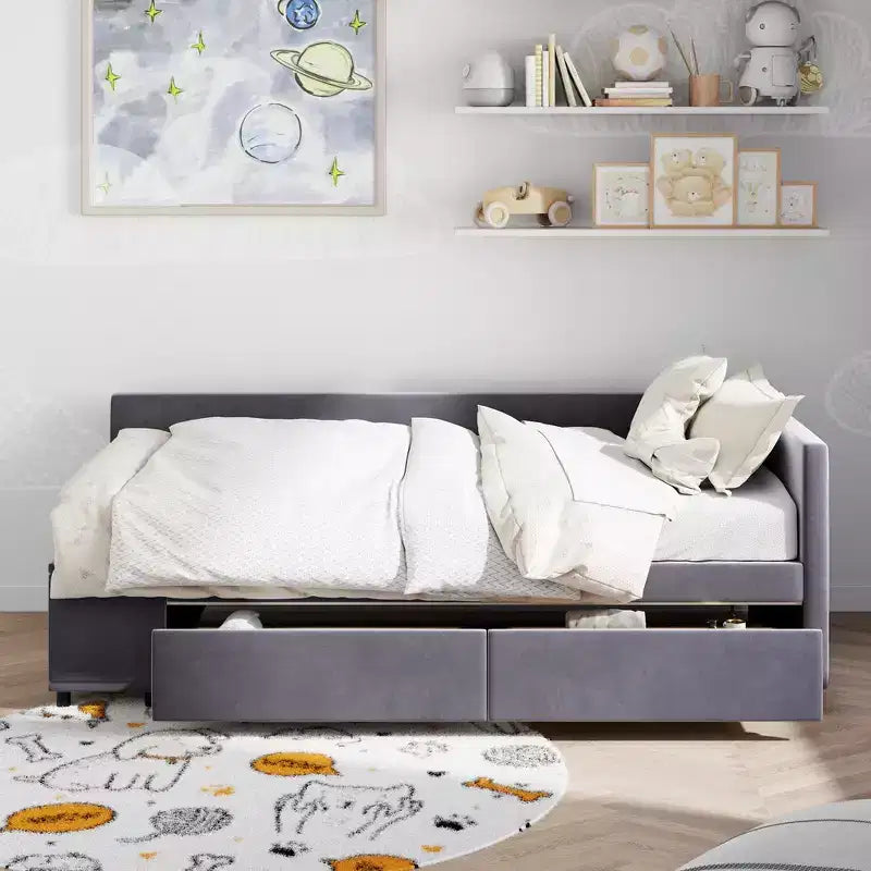 Lit plateforme Whisen une place en L avec rangement enveloppant et tiroirs, construction robuste et durable.
