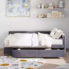 Lit plateforme Whisen une place en L avec rangement enveloppant et tiroirs, construction robuste et durable.