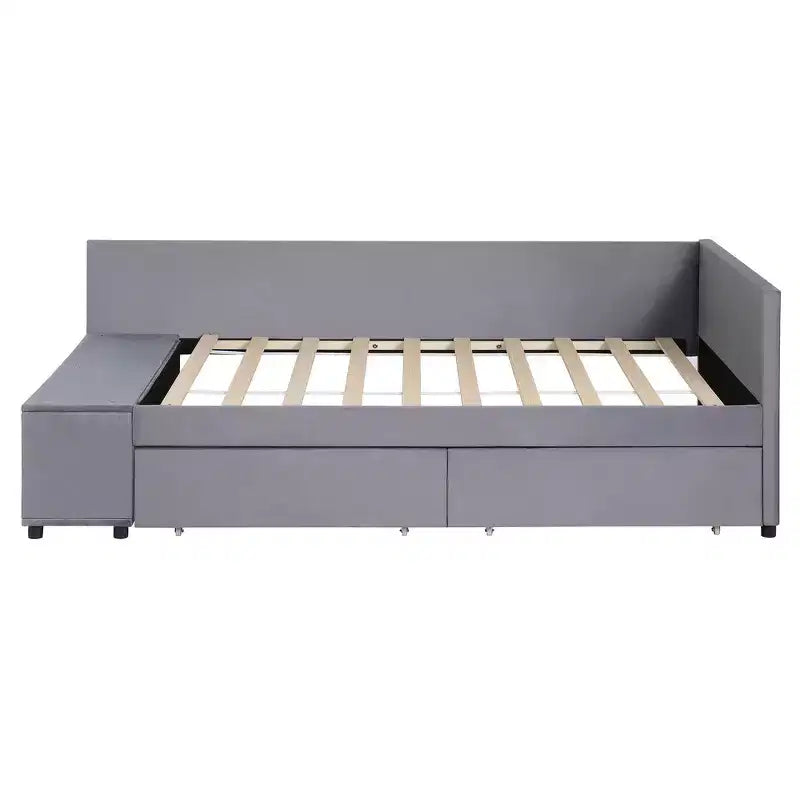 Lit plateforme Whisen une place en L avec rangement enveloppant et tiroirs, construction robuste et durable.