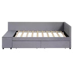 Lit plateforme Whisen une place en L avec rangement enveloppant et tiroirs, construction robuste et durable.