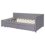 Lit plateforme Whisen une place en L avec rangement enveloppant et tiroirs, construction robuste et durable.