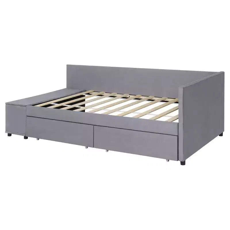 Lit plateforme Whisen une place en L avec rangement enveloppant et tiroirs, construction robuste et durable.