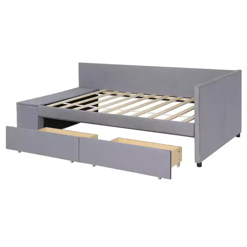 Lit plateforme Whisen une place en L avec rangement enveloppant et tiroirs, construction robuste et durable.