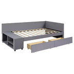 Lit plateforme Whisen une place en L avec rangement enveloppant et tiroirs, construction robuste et durable.