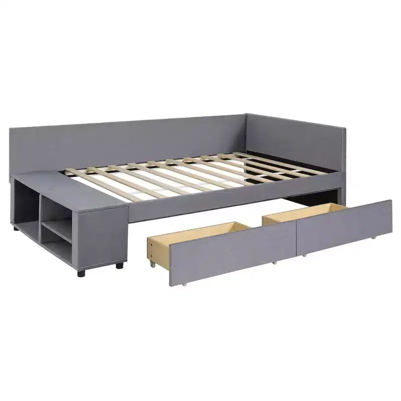Lit plateforme Whisen une place en L avec rangement enveloppant et tiroirs, construction robuste et durable.