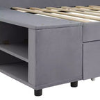 Lit plateforme Whisen une place en L avec rangement enveloppant et tiroirs, construction robuste et durable.
