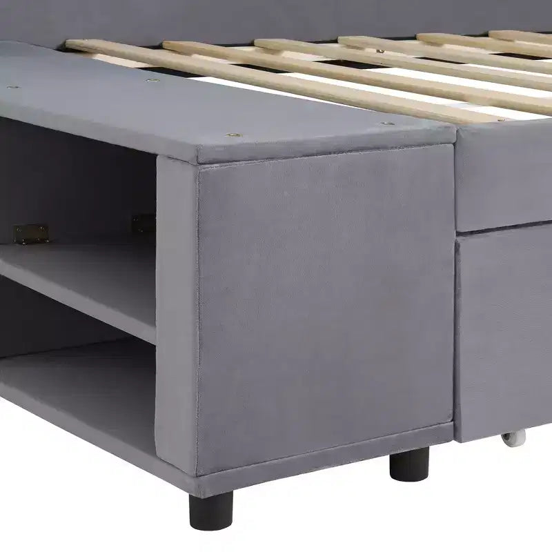 Lit plateforme Whisen une place en L avec rangement enveloppant et tiroirs, construction robuste et durable.