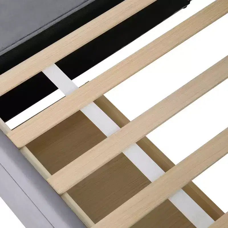 Lit plateforme Whisen une place en L avec rangement enveloppant et tiroirs, construction robuste et durable.