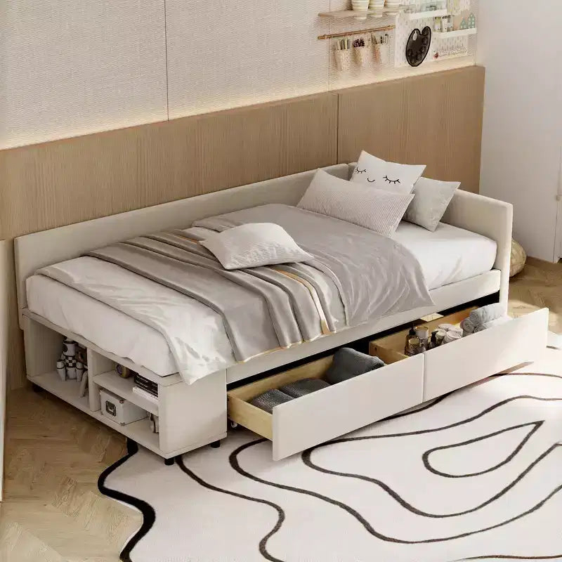 Lit plateforme Whisen une place en L avec rangement enveloppant et tiroirs, construction robuste et durable.
