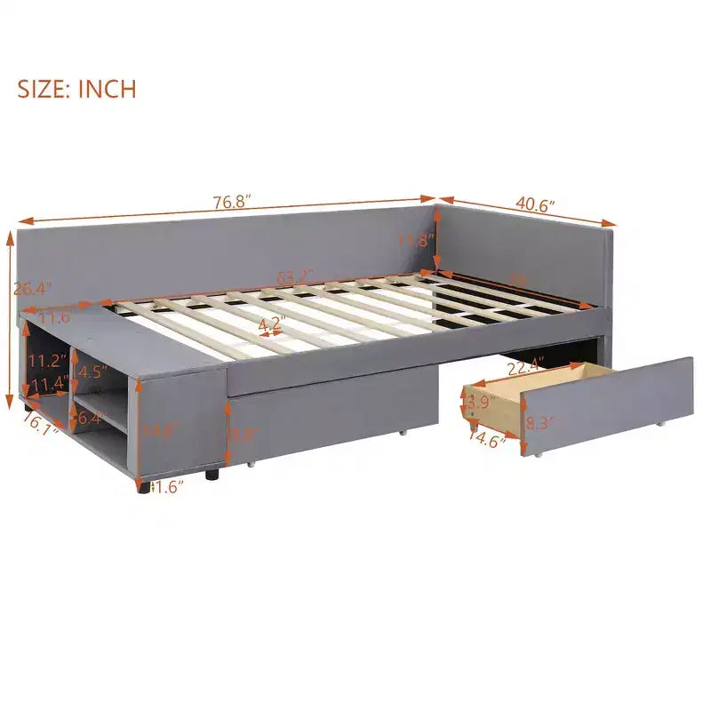 Lit plateforme Whisen une place en L avec rangement enveloppant et tiroirs, construction robuste et durable.