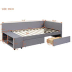 Lit plateforme Whisen une place en L avec rangement enveloppant et tiroirs, construction robuste et durable.