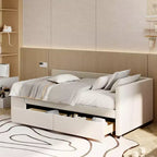 Lit plateforme Whisen une place en L avec rangement enveloppant et tiroirs, construction robuste et durable.