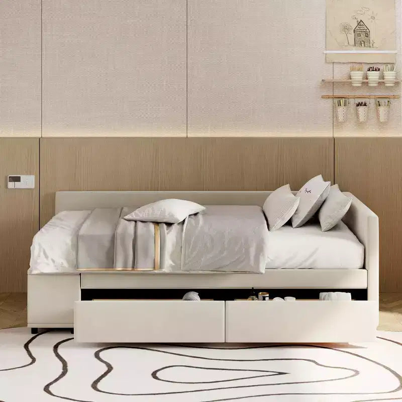 Lit plateforme Whisen une place en L avec rangement enveloppant et tiroirs, construction robuste et durable.