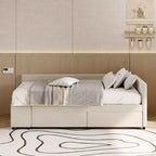 Lit plateforme Whisen une place en L avec rangement enveloppant et tiroirs, construction robuste et durable.