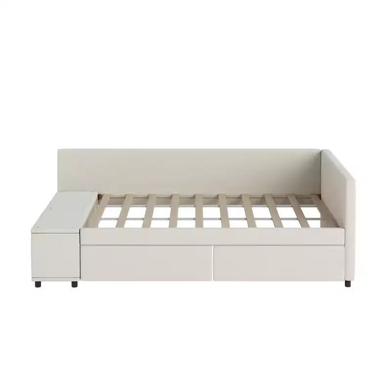 Lit plateforme Whisen une place en L avec rangement enveloppant et tiroirs, construction robuste et durable.