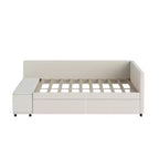 Lit plateforme Whisen une place en L avec rangement enveloppant et tiroirs, construction robuste et durable.