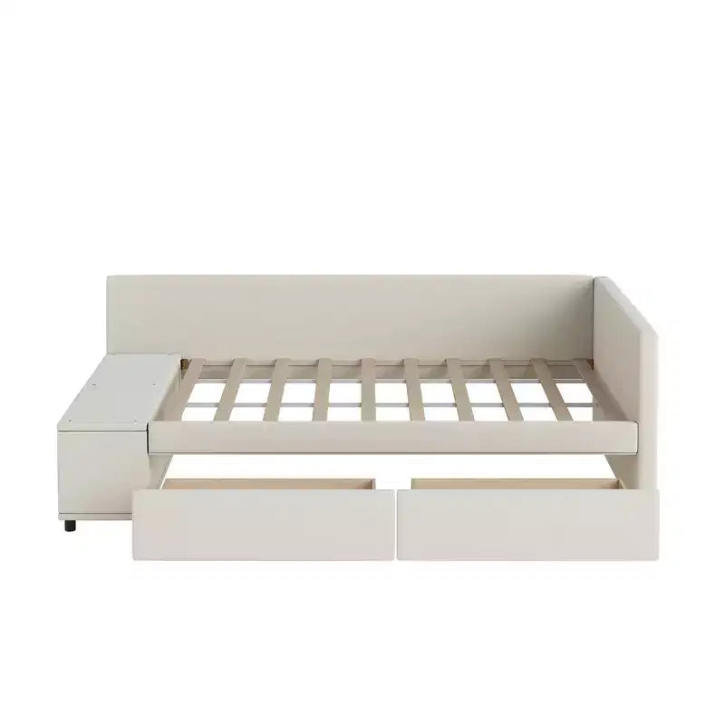 Lit plateforme Whisen une place en L avec rangement enveloppant et tiroirs, construction robuste et durable.