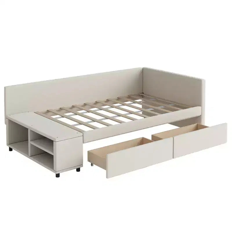 Lit plateforme Whisen une place en L avec rangement enveloppant et tiroirs, construction robuste et durable.