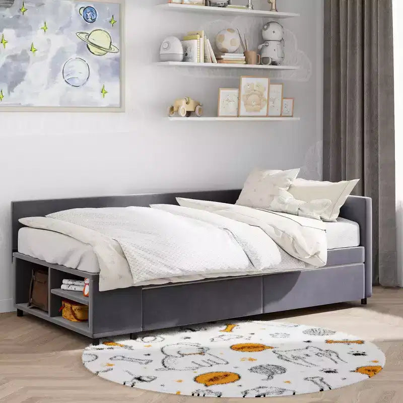 Lit plateforme Whisen une place en L avec rangement enveloppant et tiroirs, construction robuste et durable.