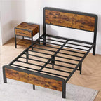 Cadre de lit queen avec tête de lit et pied de lit en bois, lit plateforme de style rustique avec lattes métalliques, montage simple pour chambre à coucher