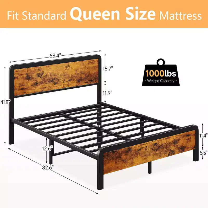 Cadre de lit queen avec tête de lit et pied de lit en bois, lit plateforme de style rustique avec lattes métalliques, montage simple pour chambre à coucher