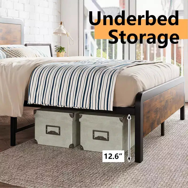 Cadre de lit queen avec tête de lit et pied de lit en bois, lit plateforme de style rustique avec lattes métalliques, montage simple pour chambre à coucher