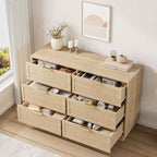 Commode en rotin à 6 tiroirs, 120 cm de large, en chêne naturel, 6 tiroirs avec poignées métalliques et base robuste en bois pour chambre à coucher, salon, chambre d'enfant